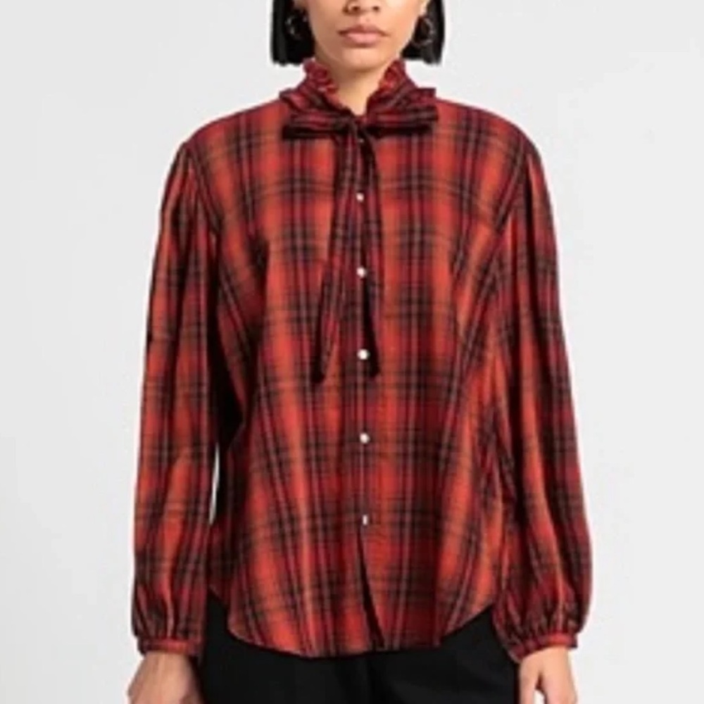 Polo Ralph Lauren Plaid Button Down Blouse with Bow Tie at Neck Size 6. Like NEW
